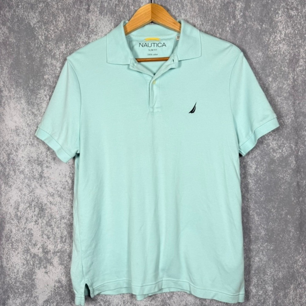 Nautica Polo Shirt Mens Medium Light Blue Slim Fit Short Sleeve Cotton Logo